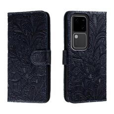 Custodia per telefono in pelle con vibrazione in rilievo con fiore in pizzo per vivo S18 (blu scuro)