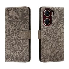 Custodia per telefono in pelle con vibrazione in rilievo con fiore in pizzo per vivo V29E (grigio)
