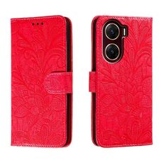 Custodia per cellulare in pelle con vibrazione in rilievo con fiori in pizzo per vivo V29E (rossa)