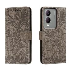Custodia per telefono in pelle con vibrazione in rilievo con fiore in pizzo per vivo Y17S (grigio)
