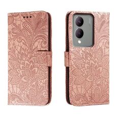 Custodia per telefono in pelle con vibrazione in rilievo con fiore in pizzo per vivo Y17S (oro rosa)