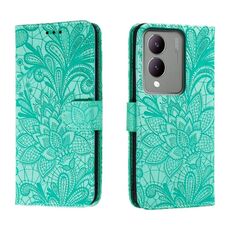 Custodia per cellulare in pelle con vibrazione in rilievo con fiori in pizzo per vivo Y17S (verde)
