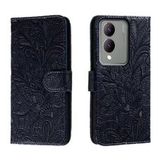 Custodia per telefono in pelle con vibrazione in rilievo con fiore in pizzo per vivo Y17S (blu scuro)