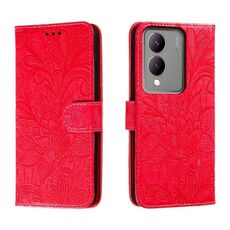 Custodia per telefono in pelle con vibrazione in rilievo con fiori in pizzo per vivo Y17S (rossa)