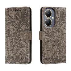 Per vivo Y35M+ Custodia in pelle con stampa a fiori in pizzo (grigio)
