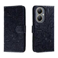 Custodia per telefono in pelle con vibrazione in rilievo con fiori in pizzo per vivo Y35M+ (blu scuro)