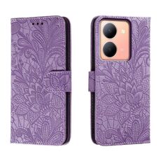 Custodia per cellulare in pelle con vibrazione in rilievo con fiori in pizzo per vivo Y78 (viola)