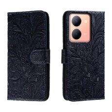 Custodia per telefono in pelle con vibrazione in rilievo con fiore in pizzo per vivo Y78 (blu scuro)
