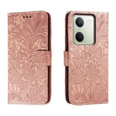 Custodia per cellulare in pelle con vibrazione in rilievo con fiori in pizzo per vivo Y100 5G (oro rosa)
