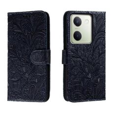Custodia per telefono in pelle con vibrazione in rilievo con fiore in pizzo per vivo Y100 5G (blu scuro)