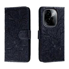 Custodia per telefono in pelle con vibrazione in rilievo con fiore in pizzo per vivo Y200 5G (blu scuro)