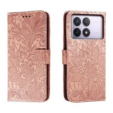 Custodia per cellulare in pelle con vibrazione in rilievo con fiori in pizzo Xiaomi Redmi K70 (oro rosa)