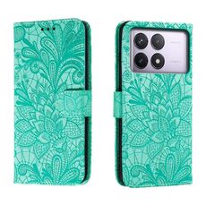 Custodia per cellulare in pelle con vibrazione in rilievo con fiori in pizzo per Xiaomi Redmi K70 (verde)