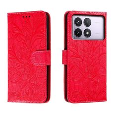 Custodia per cellulare in pelle con vibrazione in rilievo con fiori in pizzo per Xiaomi Redmi K70 (rossa)