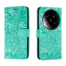 Custodia per cellulare in pelle con vibrazione in rilievo con fiori Ultra Lace per Xiaomi 14 (verde)