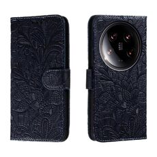 Custodia per telefono in pelle con vibrazione in rilievo con fiori Ultra Lace per Xiaomi 14 (blu scuro)
