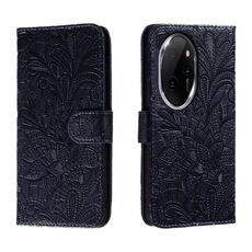 Custodia per telefono in pelle con vibrazione in rilievo con fiori in pizzo per Honor 100 Pro (blu scuro)