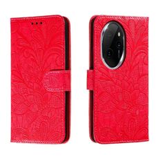 Custodia per cellulare in pelle con vibrazione in rilievo con fiori in pizzo per Honor 100 Pro (rossa)