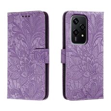 Custodia per cellulare in pelle con vibrazione in rilievo globale con fiori in pizzo per Honor 200 Lite (viola)