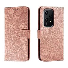 Custodia per cellulare in pelle con vibrazione in rilievo globale con fiori in pizzo per Honor 200 Lite (oro rosa)