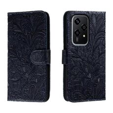 Custodia per telefono in pelle con stampa a fiori in pizzo globale per Honor 200 Lite (blu scuro)