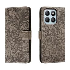 Custodia per cellulare in pelle con vibrazione in rilievo con fiori in pizzo per Honor X8B (grigio)