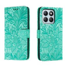 Custodia per telefono in pelle con vibrazione in rilievo con fiori in pizzo per Honor X8B (verde)