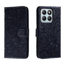 Custodia per cellulare in pelle con vibrazione in rilievo con fiori in pizzo per Honor X8B (blu scuro)