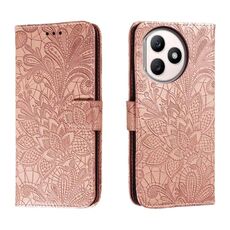 Custodia per telefono in pelle con stampa floreale in pizzo per Honor X50i+ (oro rosa)