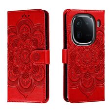 Custodia in pelle per telefono con motivo in rilievo Sun Mandala per vivo iQOO 12 (rosso)