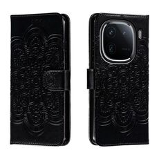 Custodia in pelle per telefono con motivo in rilievo Sun Mandala per vivo iQOO 12 (nera)