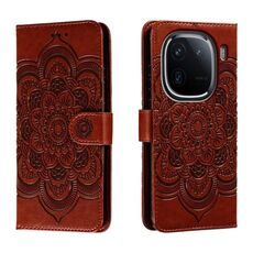 Custodia in pelle per telefono con motivo in rilievo Sun Mandala per vivo iQOO 12 (marrone)