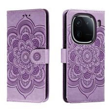 Per vivo iQOO 12 Custodia in pelle con motivo a rilievo Sun Mandala (viola)