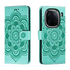 Custodia in pelle per telefono con motivo in rilievo Sun Mandala per vivo iQOO 12 (verde)