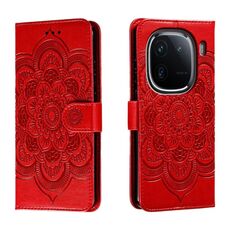 Custodia in pelle per telefono con motivo in rilievo Sun Mandala per vivo iQOO 12 Pro (rosso)