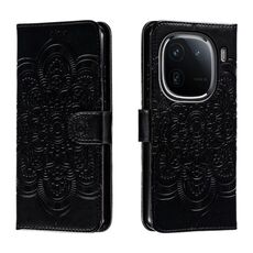 Custodia in pelle per telefono con motivo in rilievo Sun Mandala per vivo iQOO 12 Pro (nera)