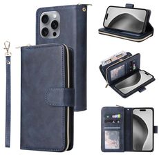 Per iPhone 16 Pro Max 9 slot per carte portafoglio con cerniera custodia in pelle per telefono (blu)