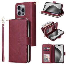 Per iPhone 16 Pro Max 9 slot per schede Custodia a portafoglio con cerniera Custodia in pelle per telefono (vino rosso)