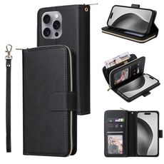 Per iPhone 16 Pro Max 9 slot per schede Custodia a portafoglio con cerniera Custodia in pelle per telefono (nero)