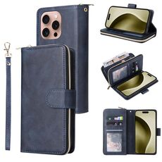 Per iPhone 16 Pro 9 Slot per schede Portafoglio con cerniera Custodia in pelle per telefono (blu)