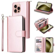 Per iPhone 16 Pro 9 slot per schede Custodia a portafoglio con cerniera Custodia in pelle per telefono (oro rosa)