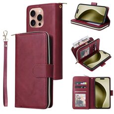 Per iPhone 16 Pro 9 slot per schede Custodia a portafoglio con cerniera Custodia in pelle per telefono (vino rosso)