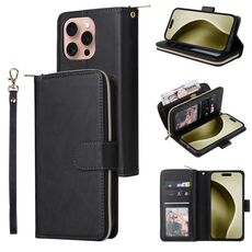 Per iPhone 16 Pro 9 slot per schede Custodia a portafoglio con cerniera Custodia in pelle per telefono (nero)