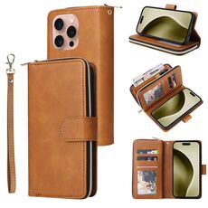 Per iPhone 16 Pro 9 slot per schede Custodia a portafoglio con cerniera Custodia in pelle per telefono (marrone)