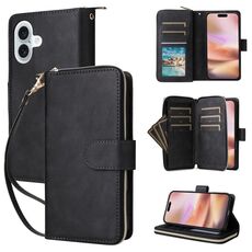 Per iPhone 16 Plus 9 slot per carte portafoglio con cerniera custodia in pelle per telefono (nero)
