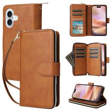 Per iPhone 16 Plus 9 slot per schede Custodia a portafoglio con cerniera Custodia in pelle per telefono (marrone)