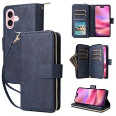 Per iPhone 16 9 slot per schede Custodia a portafoglio con cerniera Custodia in pelle per telefono (blu)