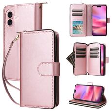Per iPhone 16 9 slot per schede Custodia a portafoglio con cerniera Custodia in pelle per telefono (oro rosa)