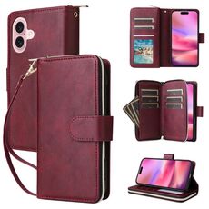 Per iPhone 16 9 slot per schede Custodia a portafoglio con cerniera Custodia in pelle per telefono (vino rosso)