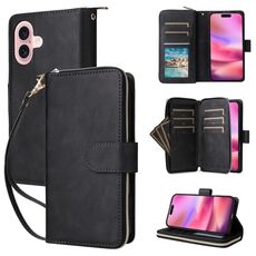 Per iPhone 16 9 slot per carte portafoglio con cerniera custodia in pelle per telefono (nero)